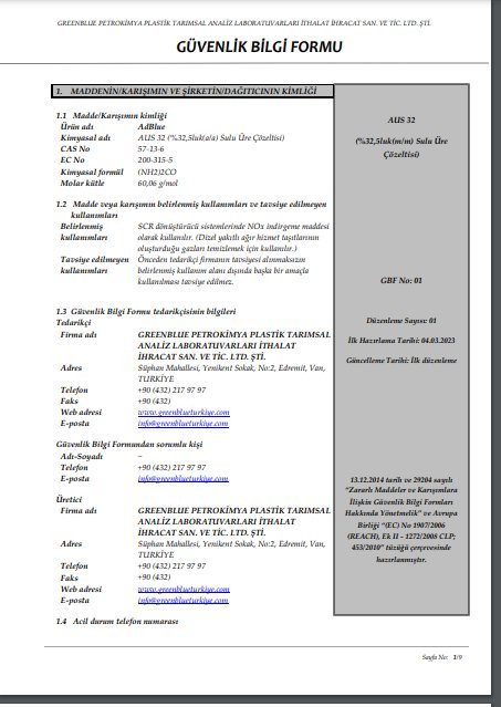 MSDS – Turkish – AUS 32 (32.5% Aqueous Urea Solution)