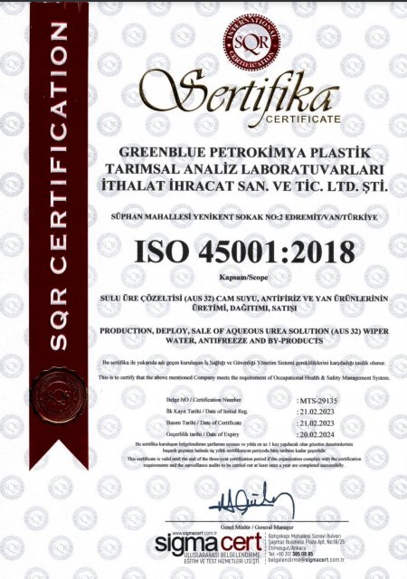 GREENBLUE - ISO 45001 - İş Sağlığı ve Güvenliği Yönetim Sistemi